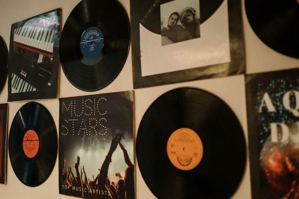 Wall featuring a collection of vintage vinyl records for music lovers.